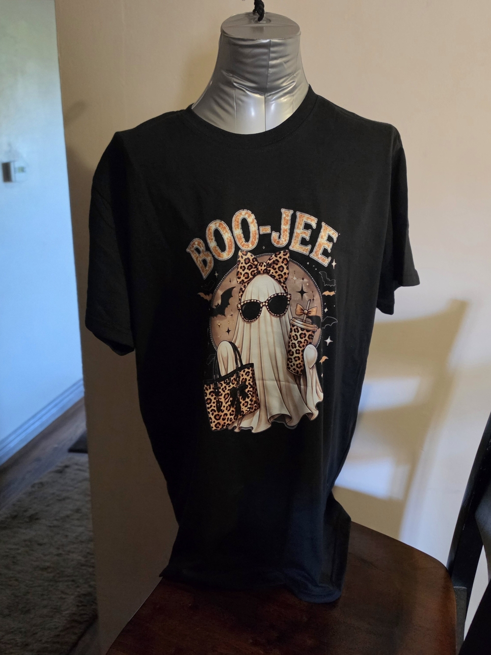 Women's Black 'Boo-Jee' Ghost Graphic Tee with Leopard Accent